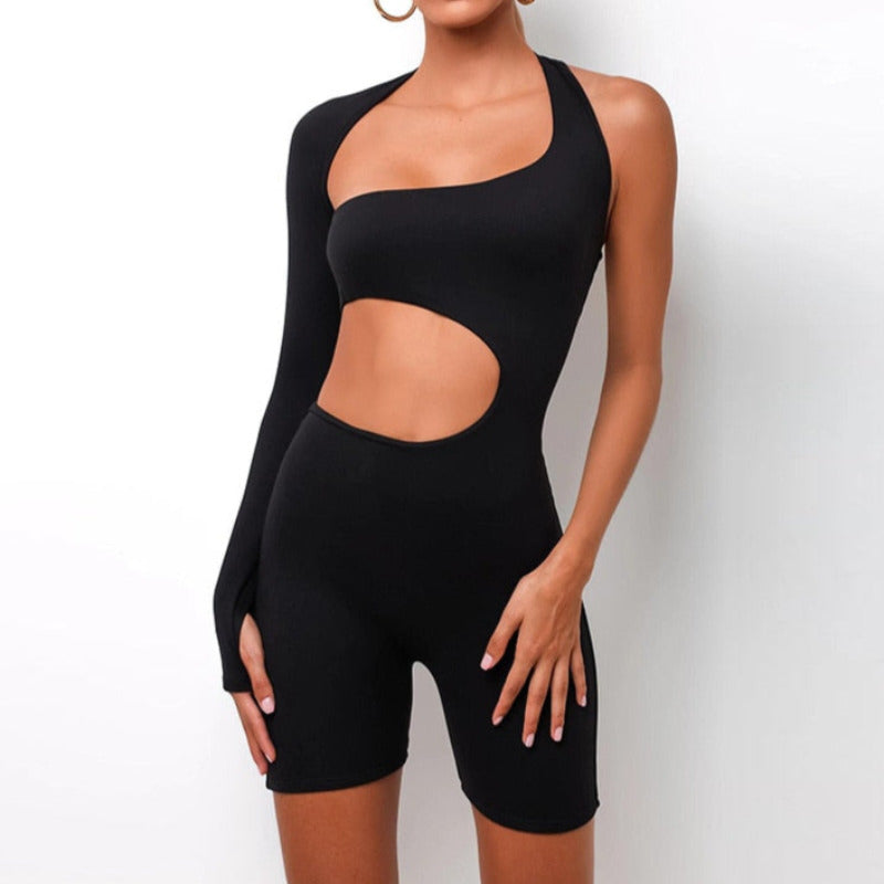 Cut Out One Sleeve Solid Romper Black