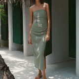 Strapless Ruched Side Slit Midi Dress Olive