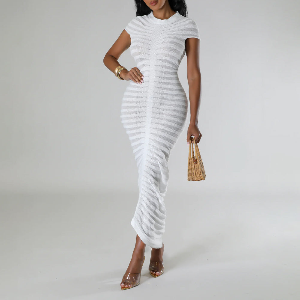 Pleated Knit Bodycon Midi Dress White