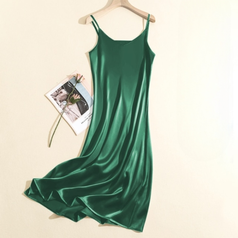 Adjustable Strap Satin Midi Dress Dark Green
