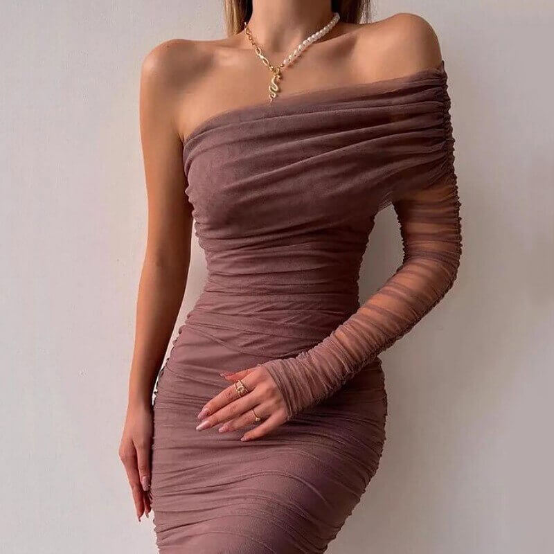 One Shoulder Long Sleeve Mesh Midi Dress Taupe