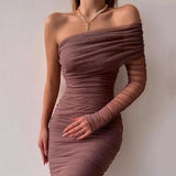 One Shoulder Long Sleeve Mesh Midi Dress Taupe