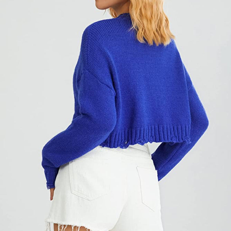 Distressed Cotton Knit Pullover Crop Sweater Blue