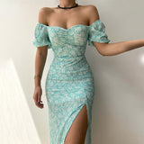 Floral Print Short Sleeve Off Shoulder Boho Slit Midi Dress Green