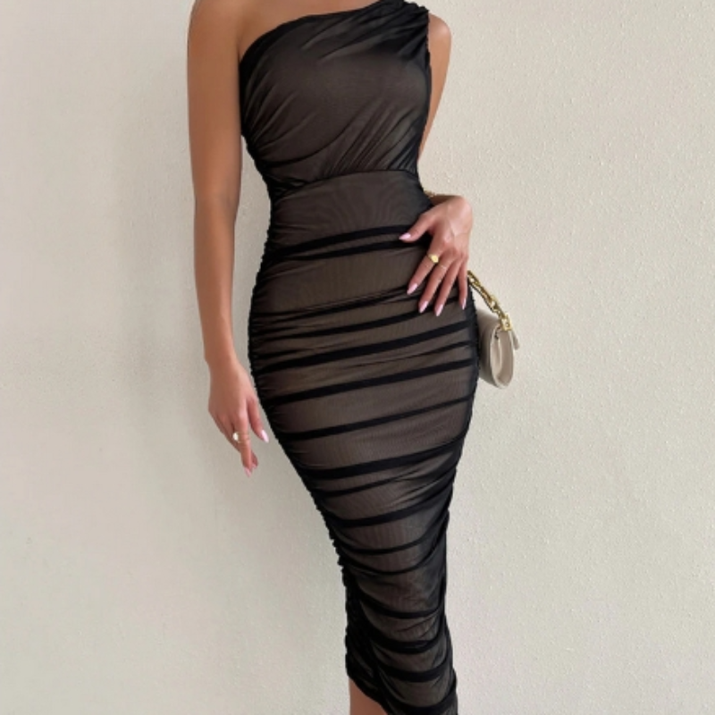 Double Layer Ruched Mesh Midi Dress Nude Black