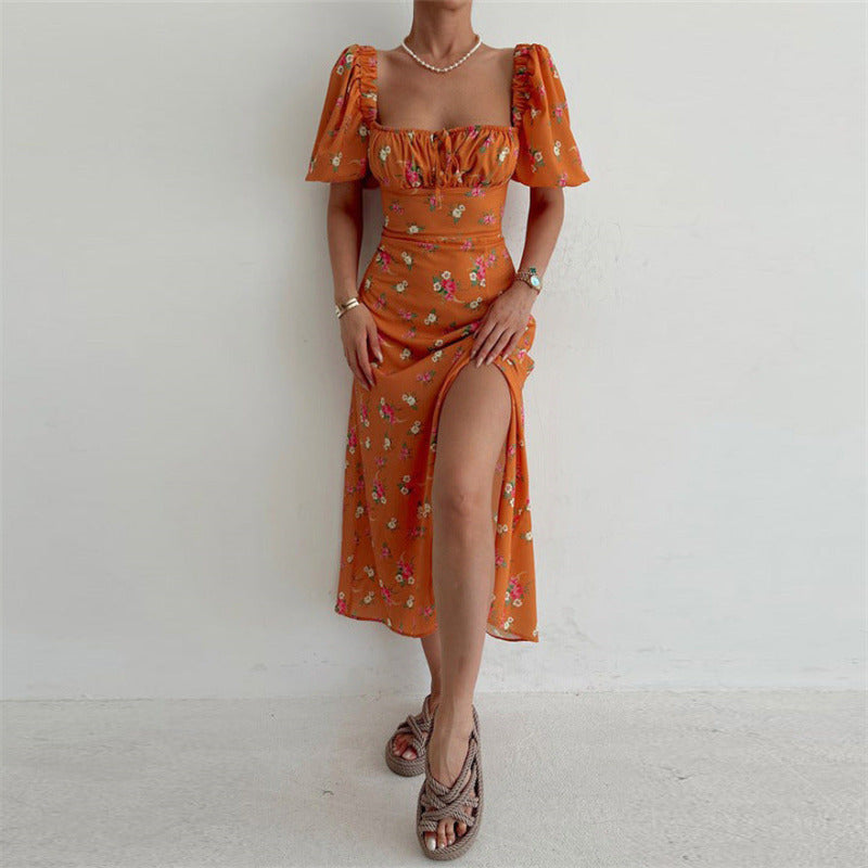 Floral Print Short Sleeve Off Shoulder Boho Slit Midi Dress Orange Floral