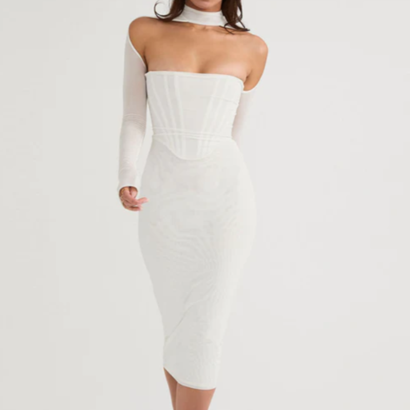 Double Layer Mesh Midi Dress White