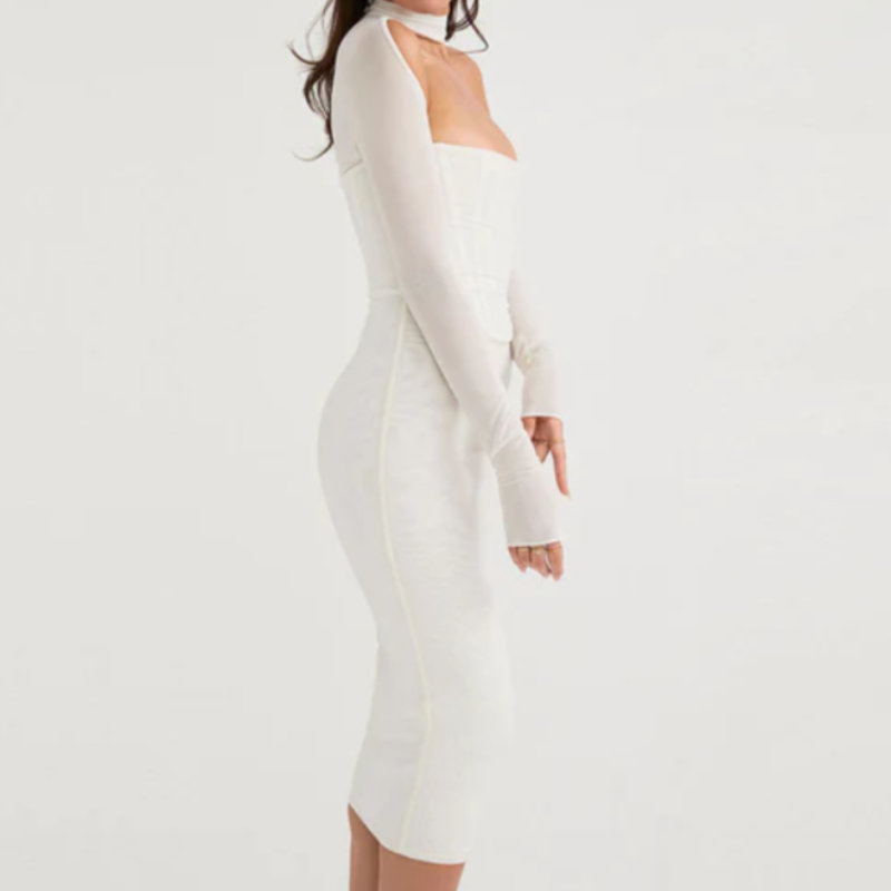 Double Layer Mesh Midi Dress White