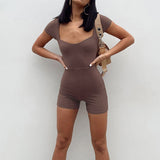 Solid Short Sleeve Square Collar Knit Romper Brown