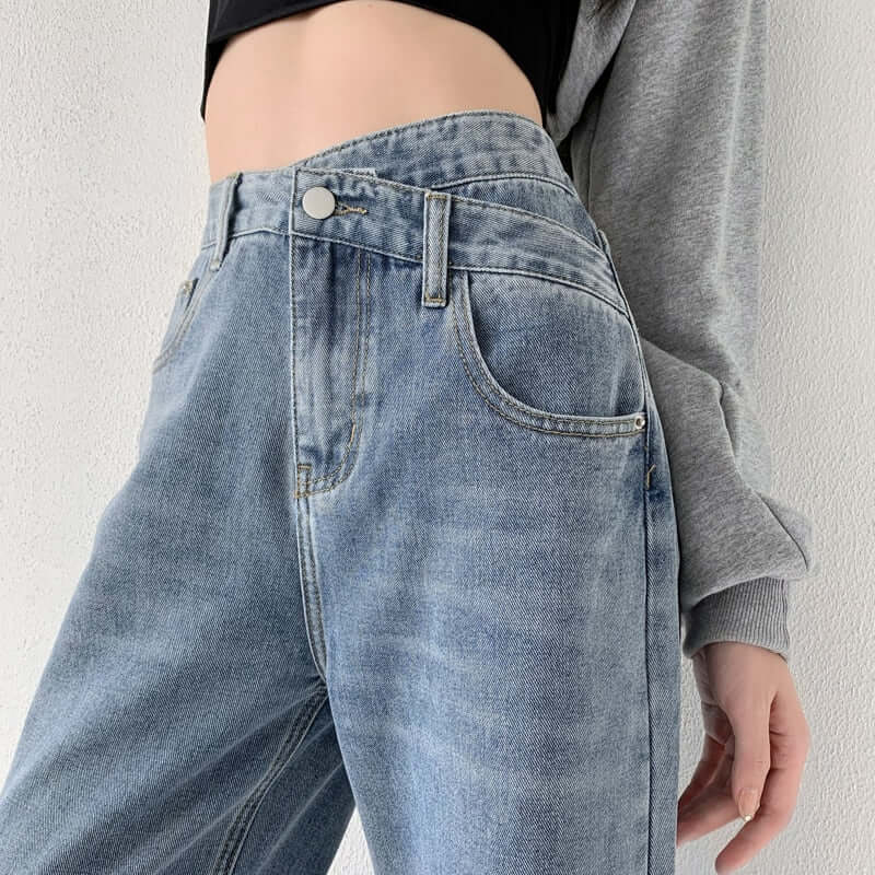 High Waist Baggy Cross Waist Jeans Light Blue