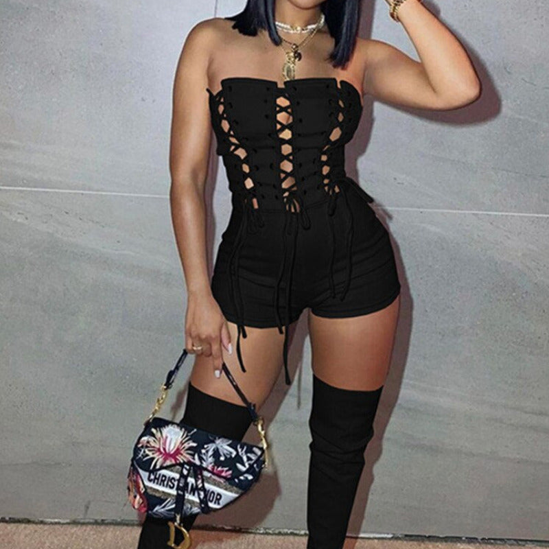 Tube Top Sleeveless Backless Hollow Out Romper Black