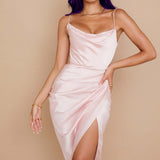 Side Split Satin Ruched Midi Dress Light Pink