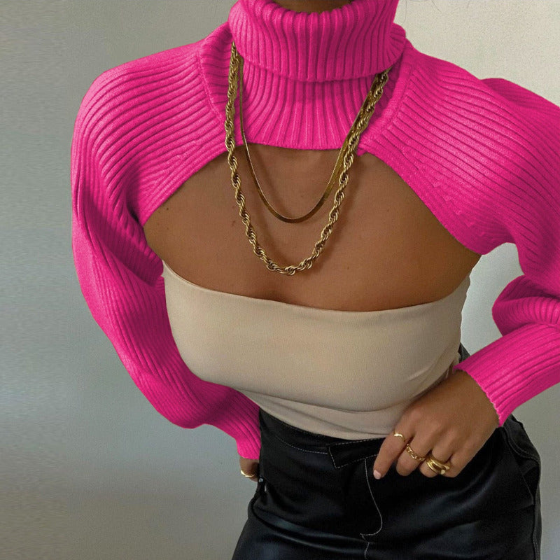 Knitted Crop Shrug Turtleneck Sweater Hot Pink