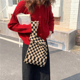 Knitted Fabric Checkered Handbag Black/Coffee