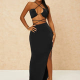 Strappy Halter Top and Skirt Matching Set Black