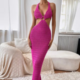 Knitted Deep V-Neck Lace Up Halter Maxi Dress Pink