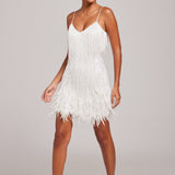 Sleeveless Fringed Sequin Feathered Mini Dress White