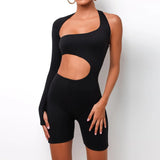 Cut Out One Sleeve Solid Romper Black
