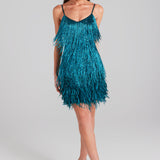 Sleeveless Fringed Sequin Feathered Mini Dress Teal