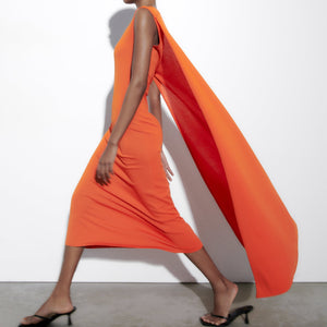 Sleeveless Cape Knitted Midi Asymmetrical Dress Orange