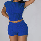Bubble Crop Top and Shorts Matching Set Blue