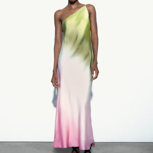 One Shoulder Tie Dye Print Satin Maxi Dress Multicolor