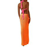 Knitted Deep V-Neck Lace Up Halter Maxi Dress Orange/Pink