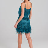 Sleeveless Fringed Sequin Feathered Mini Dress Teal