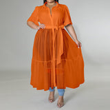 Plus Size Overlay Short Sleeve Blouse Mesh Midi Dress Orange