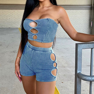 Ribbed Cut Out Crop Top and Shorts Matching Set  Blue
