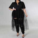 Plus Size Overlay Short Sleeve Blouse Mesh Midi Dress Black