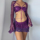 Knitted Sequin Crop Top and Skirt Matching Set Dark Purple
