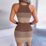 Knitted Halter Top and Skirt Matching Set Brown