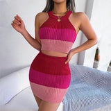 Knitted Halter Top and Skirt Matching Set Pink
