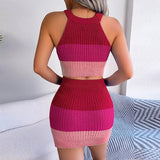 Knitted Halter Top and Skirt Matching Set Pink