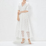 Half Sleeve Hollow Out Embroidery Maxi Dress White