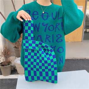 Knitted Fabric Checkered Handbag Blue/Green