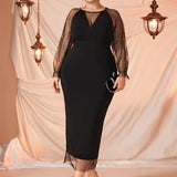 Plus Size Petal Sleeve Sheer Mesh Midi Dress Black