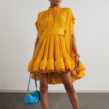 Cape-Effect Belted Charmeuse Mini Dress Yellow
