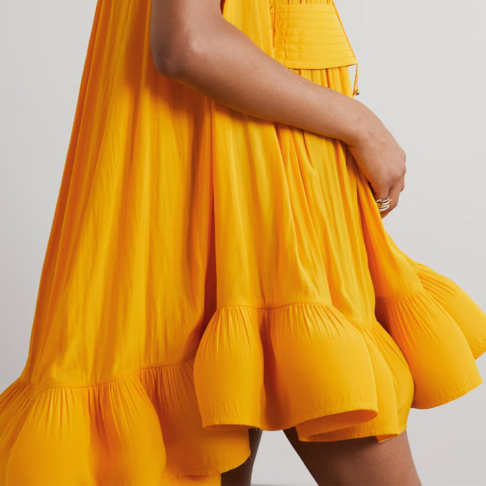 Cape-Effect Belted Charmeuse Mini Dress Yellow