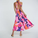 Capri Print Halter Neck Pleated Maxi Dress Pink