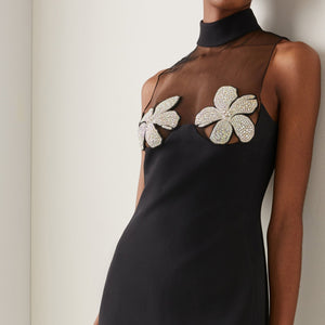 Floral Embroidery Mesh Mini Dress Black