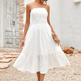 Frill Trim Strapless Midi Dress White