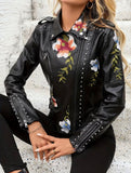 Faux Leather Floral Embroidery Biker Jacket