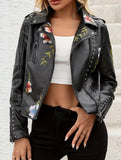Faux Leather Floral Embroidery Biker Jacket