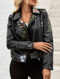 Faux Leather Floral Embroidery Biker Jacket