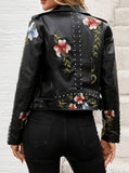 Faux Leather Floral Embroidery Biker Jacket