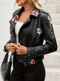 Faux Leather Floral Embroidery Biker Jacket