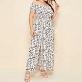 Plus Size Off Shoulder Floral Print Side Slit Maxi Dress White