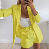 Solid Blazer and Shorts Matching Set Yellow